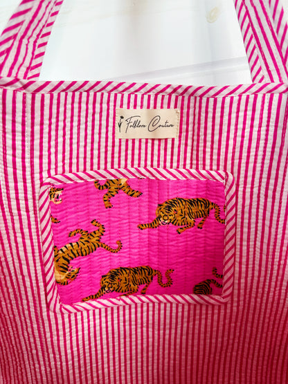 Bright Pink Tiger Print Quilted Cotton Reversible Large Tote Bag