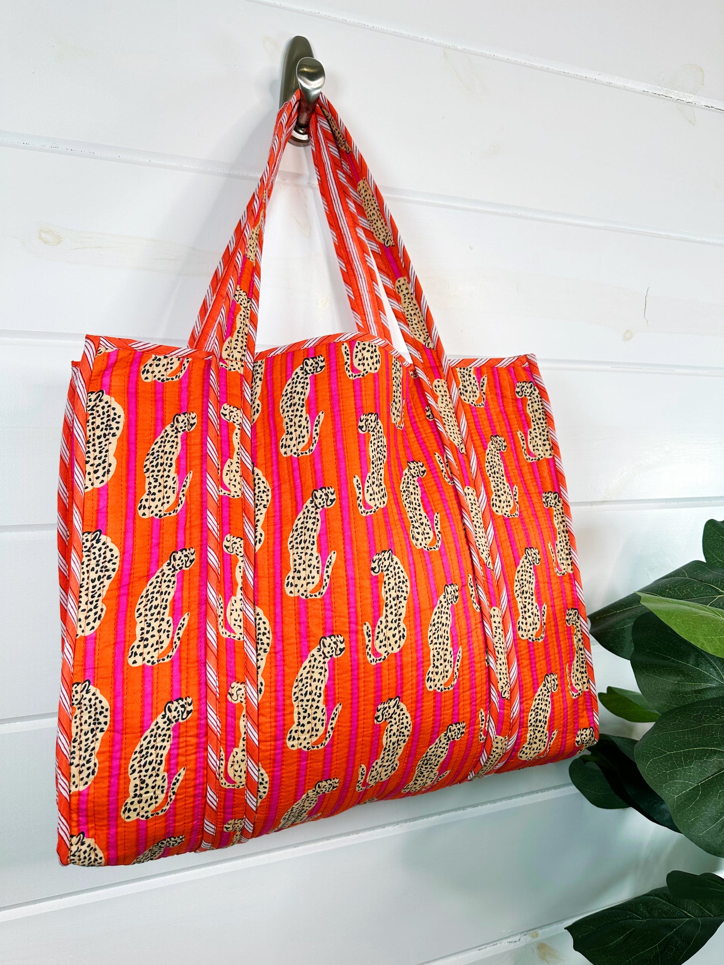 Jaguars Orange Pink Stripes Printed Quilted Cotton Tote Bag