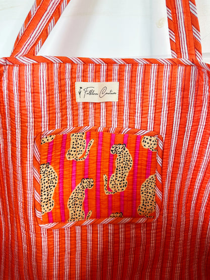 Jaguars Orange Pink Stripes Printed Quilted Cotton Tote Bag