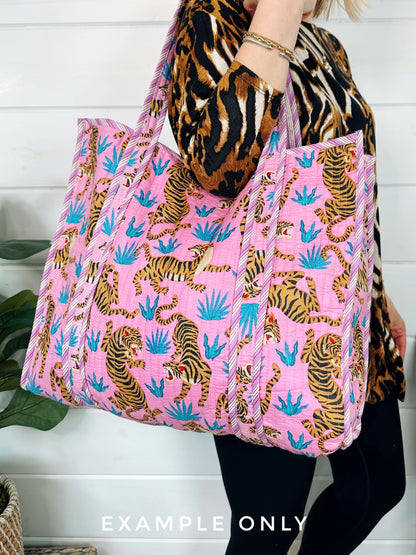 Aqua Stripes Tiger Print Quilted Cotton Reversible Large Tote Bag