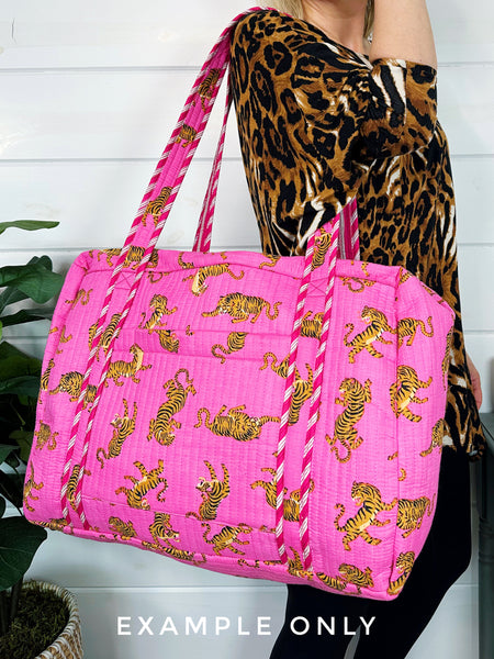 Pink Floral Print Quilted Weekender Overnight Bag