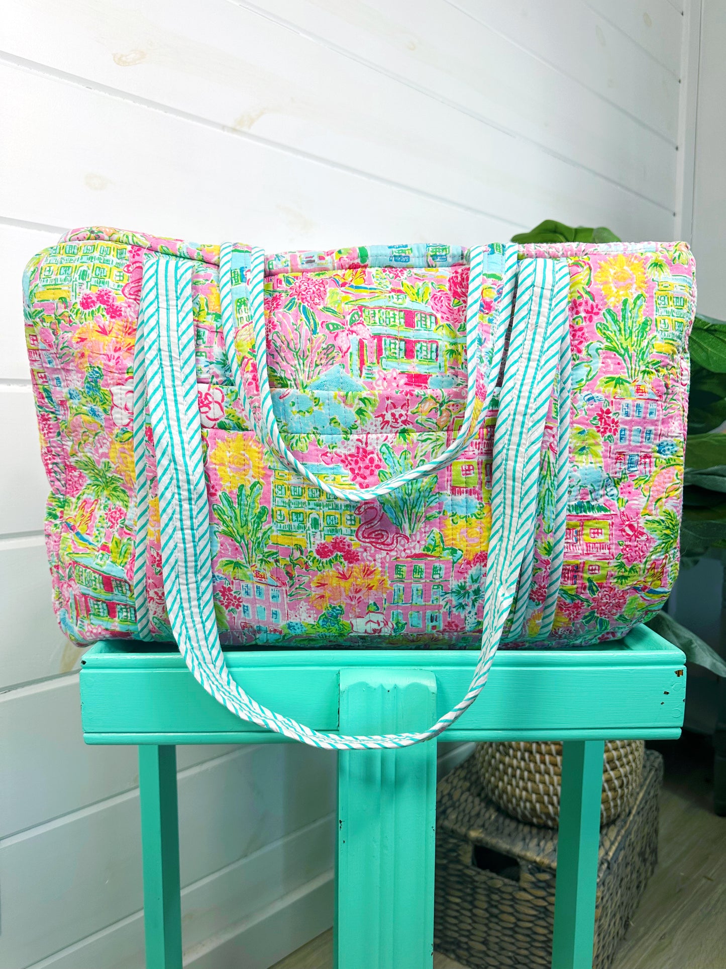 Tropical Southern Town Print Quilted Weekender Overnight Bag