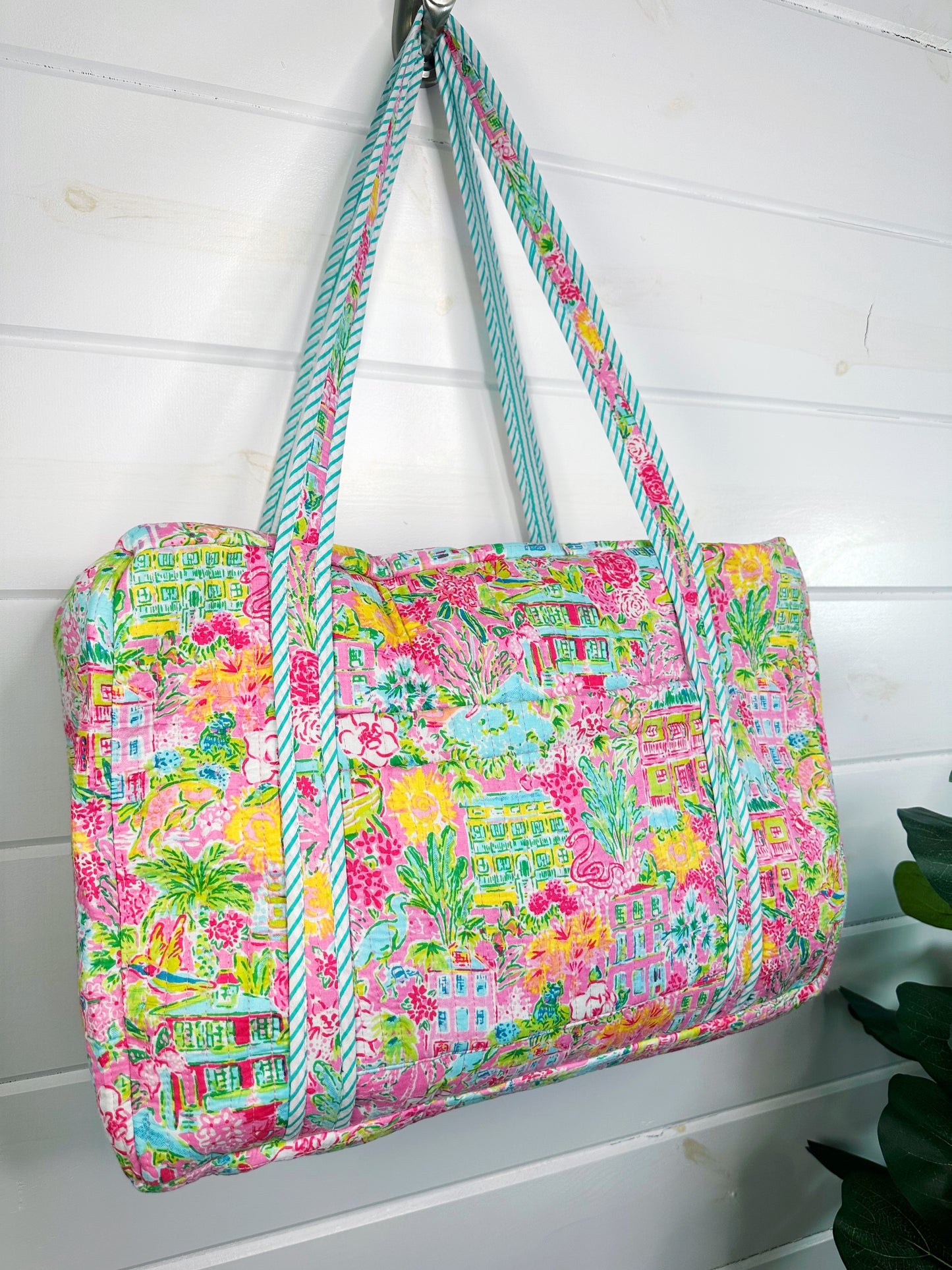 Tropical Southern Town Print Quilted Weekender Overnight Bag