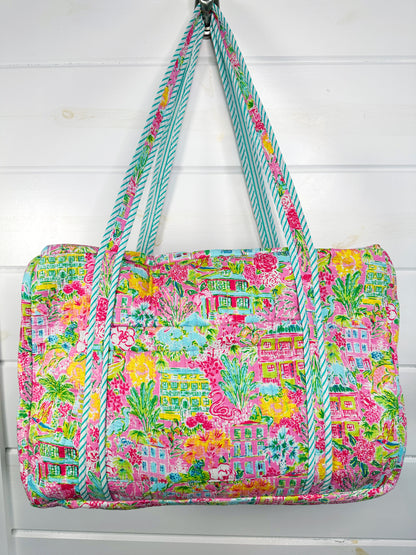 Tropical Southern Town Print Quilted Weekender Overnight Bag