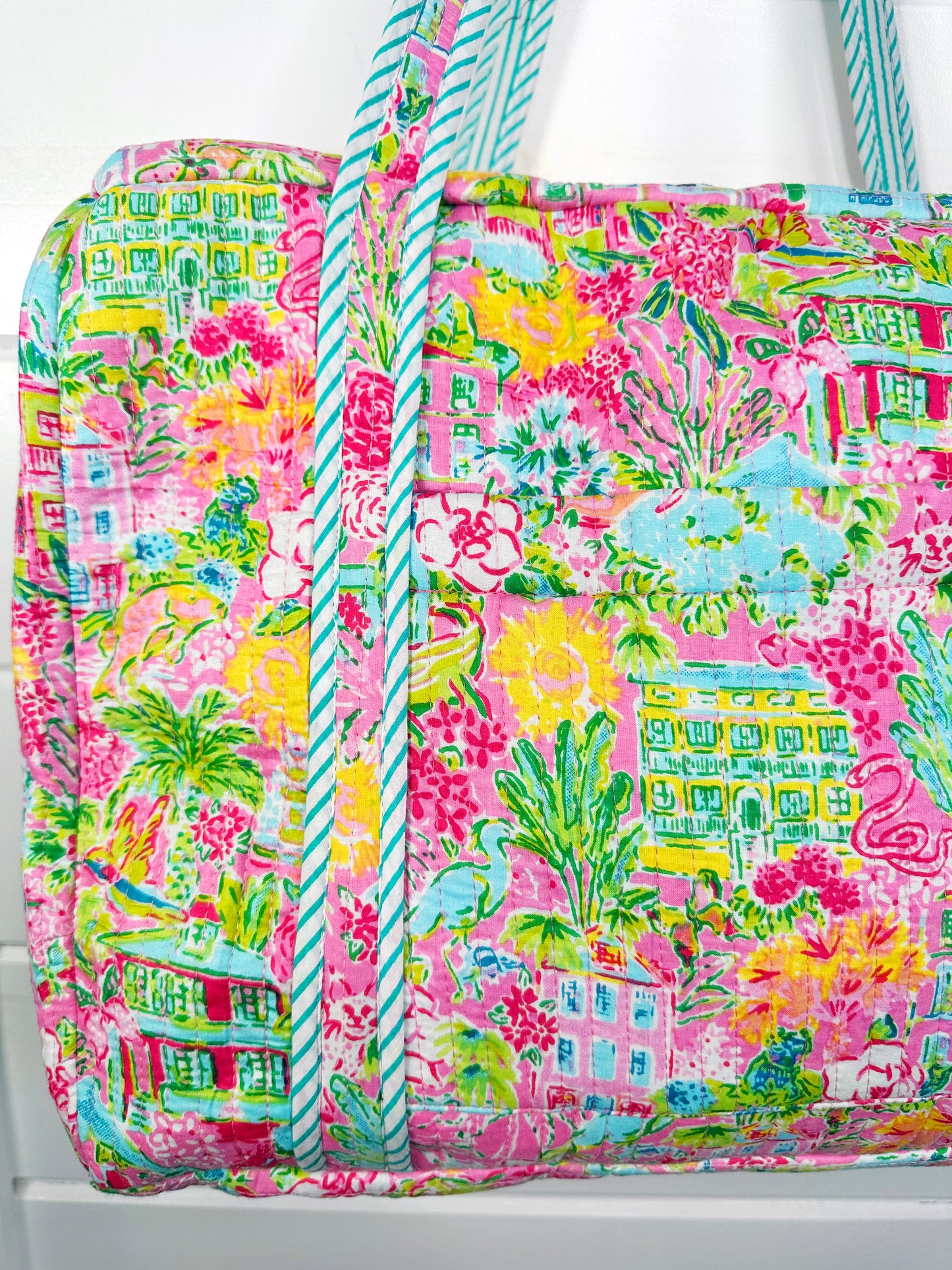 Tropical Southern Town Print Quilted Weekender Overnight Bag