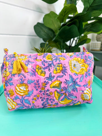 Pink and Yellow Floral Print Quilted Makeup Cosmetics Toiletry Bag