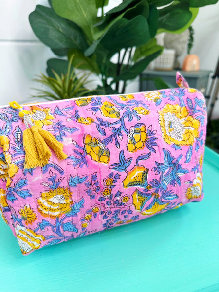 Pink and Yellow Floral Print Quilted Makeup Cosmetics Toiletry Bag