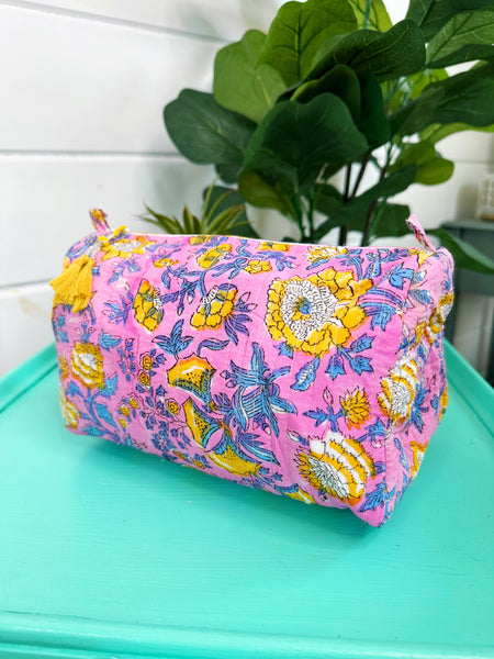 Pink and Yellow Floral Print Quilted Makeup Cosmetics Toiletry Bag