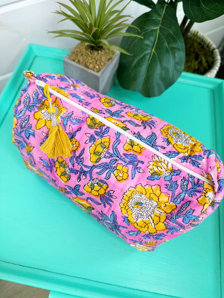 Pink and Yellow Floral Print Quilted Makeup Cosmetics Toiletry Bag