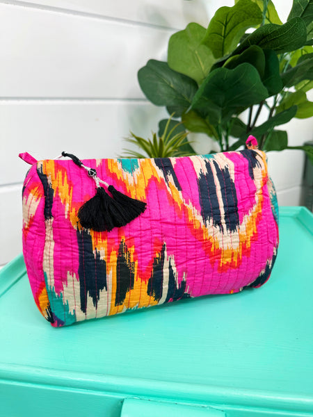 Pink Southwest Ikat Print Quilted Makeup Cosmetics Toiletry Bag