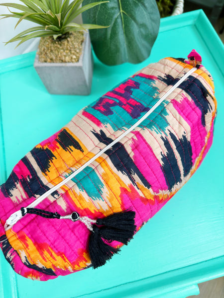 Pink Southwest Ikat Print Quilted Makeup Cosmetics Toiletry Bag