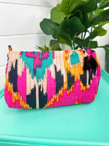 Pink Southwest Ikat Print Quilted Makeup Cosmetics Toiletry Bag