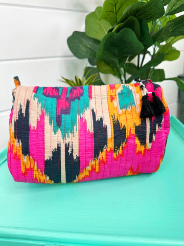 Pink Southwest Ikat Print Quilted Makeup Cosmetics Toiletry Bag