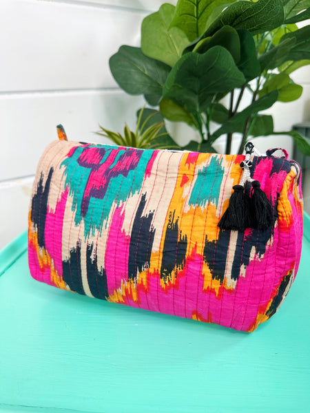 Pink Southwest Ikat Print Quilted Makeup Cosmetics Toiletry Bag