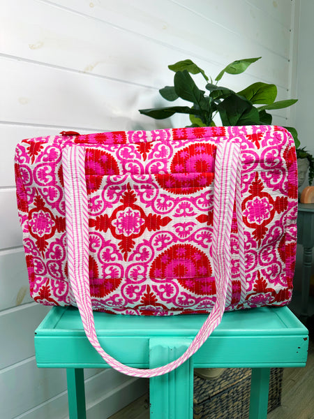 Red and Pink Medallion Print Quilted Weekender Overnight Bag