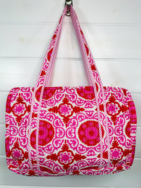 Red and Pink Medallion Print Quilted Weekender Overnight Bag