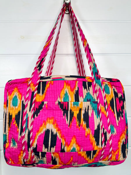 Pink Southwest Ikat Print Quilted Weekender Overnight Bag