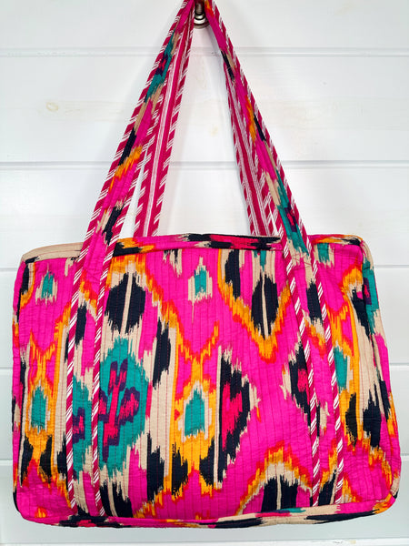 Pink Southwest Ikat Print Quilted Weekender Overnight Bag