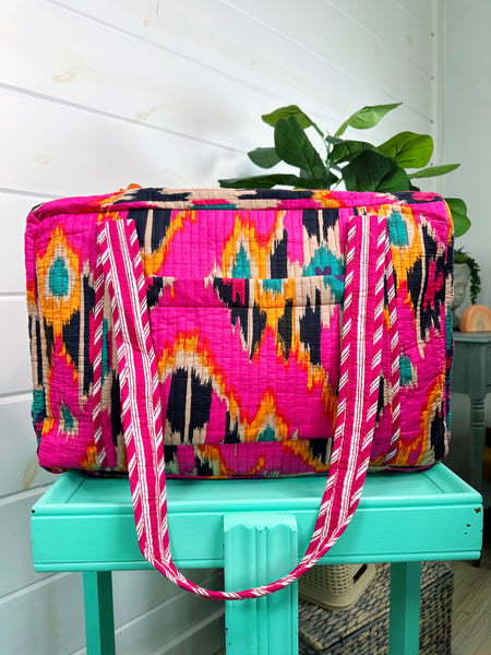 Pink Southwest Ikat Print Quilted Weekender Overnight Bag