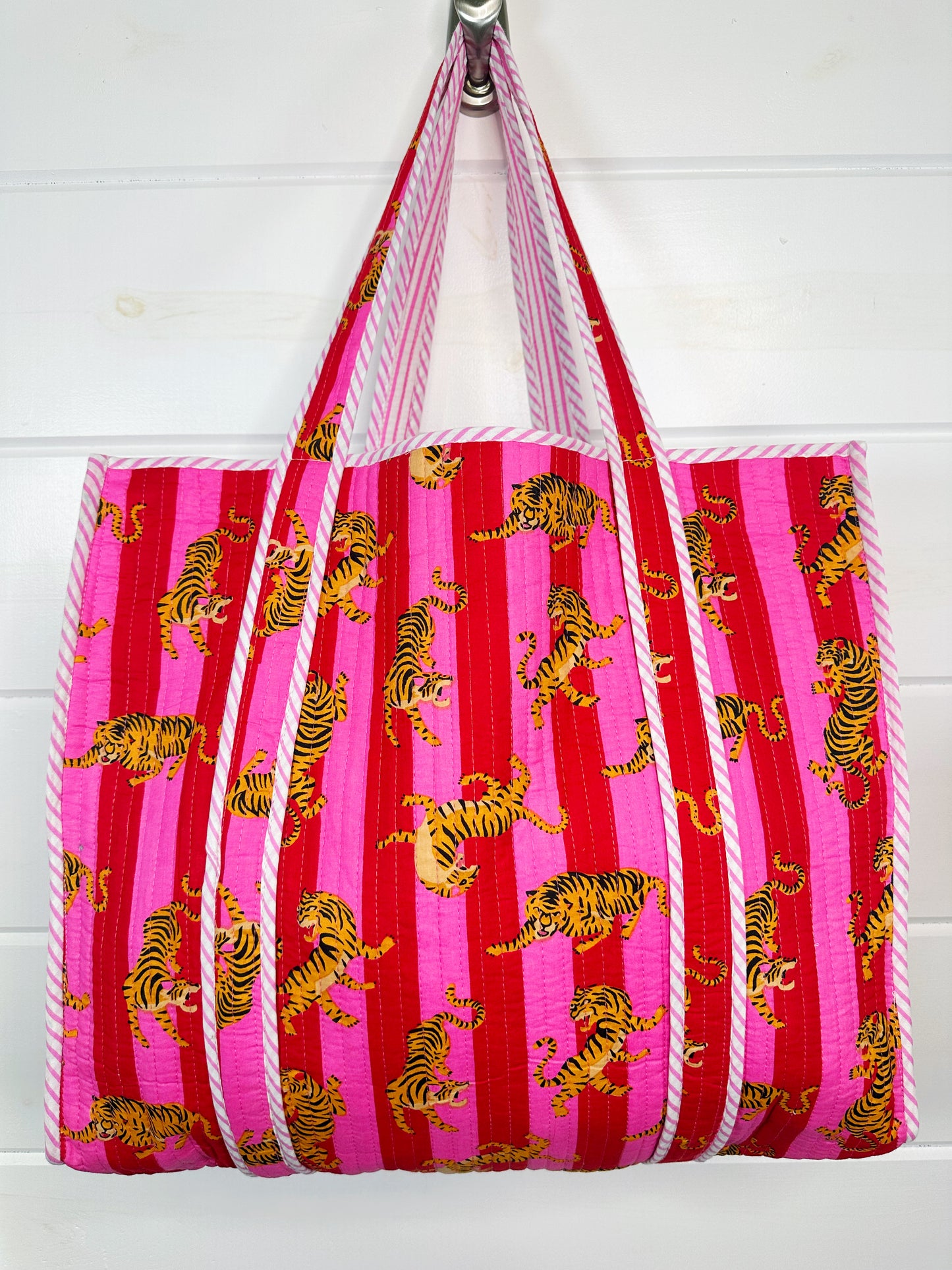 Red and Pink Striped Tiger Print Quilted Cotton Tote Bag