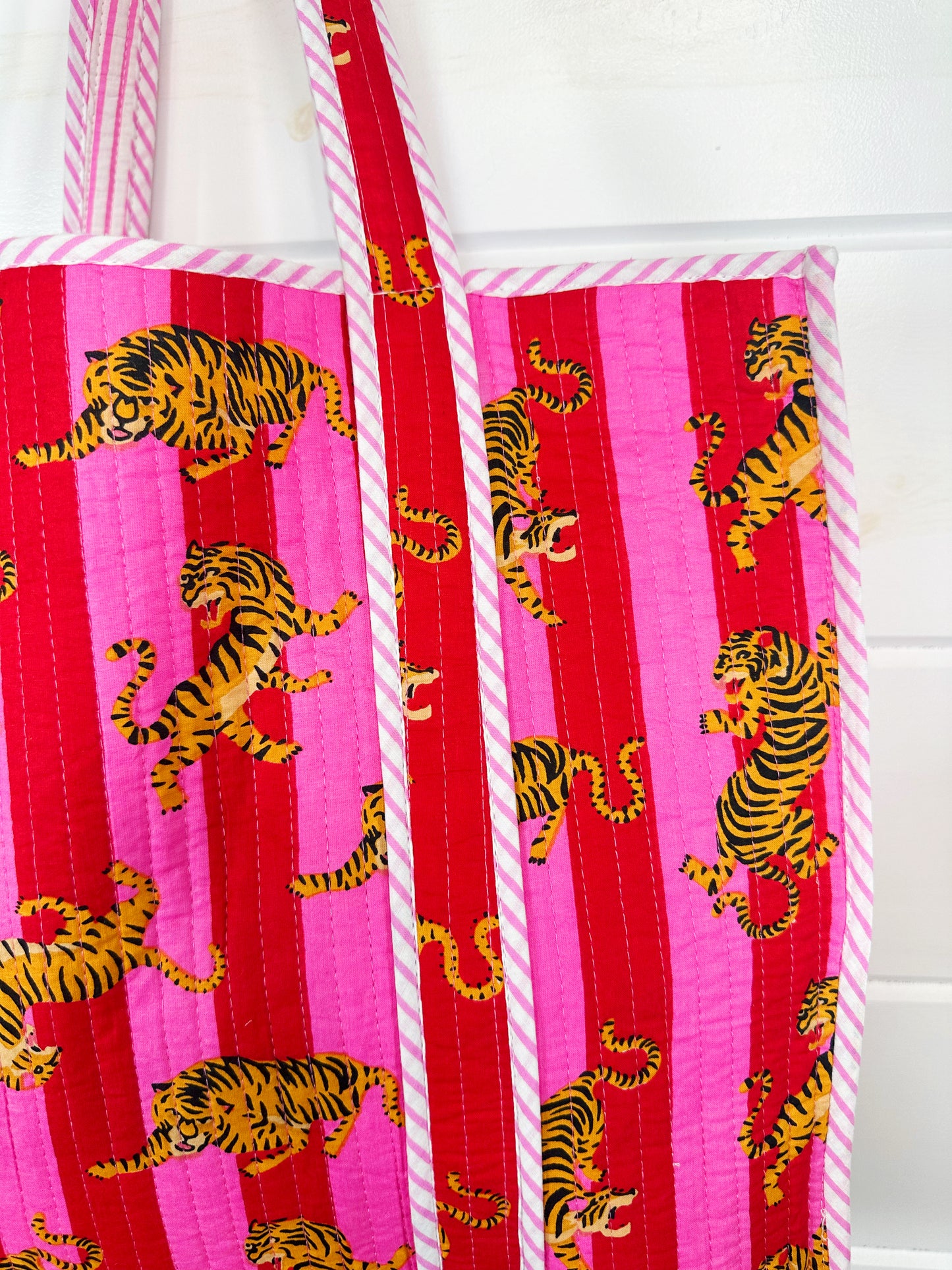 Red and Pink Striped Tiger Print Quilted Cotton Tote Bag