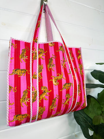 Red and Pink Striped Tiger Print Quilted Cotton Tote Bag