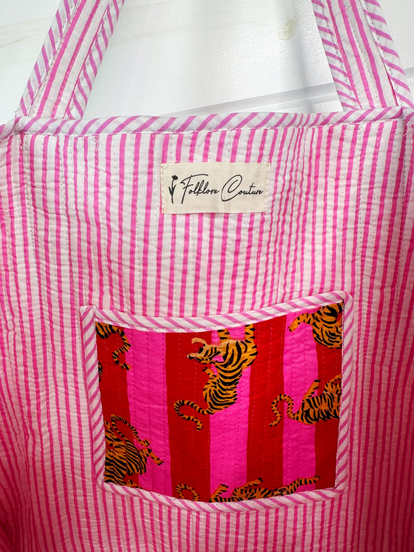 Red and Pink Striped Tiger Print Quilted Cotton Tote Bag