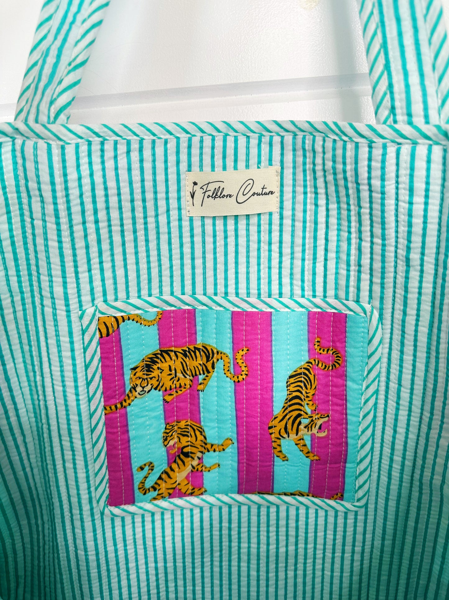 Aqua and Magenta Striped Tiger Print Quilted Cotton Tote Bag