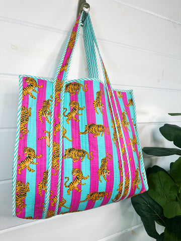 Aqua and Magenta Striped Tiger Print Quilted Cotton Tote Bag