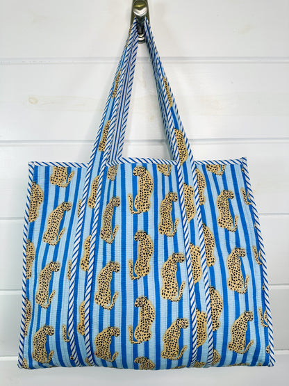 Blue Striped Jaguar Print Quilted Cotton Reversible Large Tote Bag