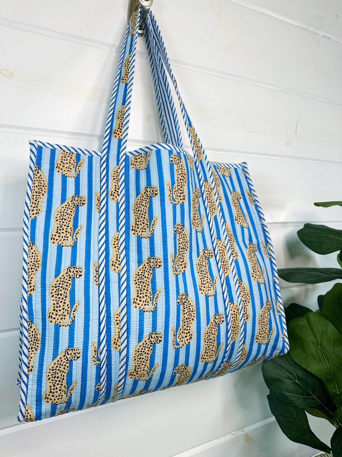 Blue Striped Jaguar Print Quilted Cotton Reversible Large Tote Bag