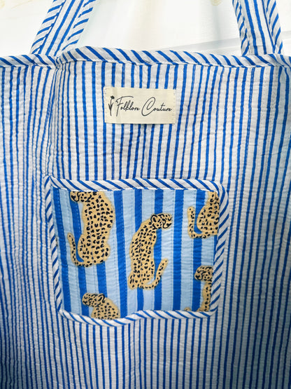 Blue Striped Jaguar Print Quilted Cotton Reversible Large Tote Bag