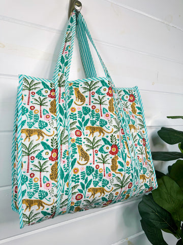 Aqua Jaguar Palm Print Quilted Cotton Tote Bag