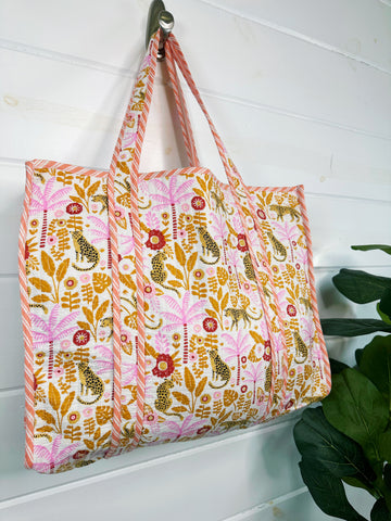 Pink Jaguar Palm Print Quilted Cotton Tote Bag