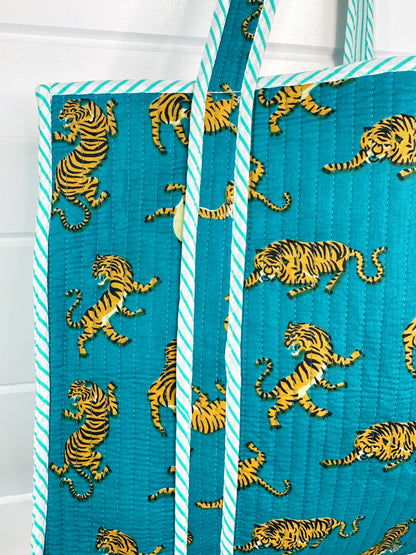 Teal Tiger Print Quilted Cotton Tote Bag