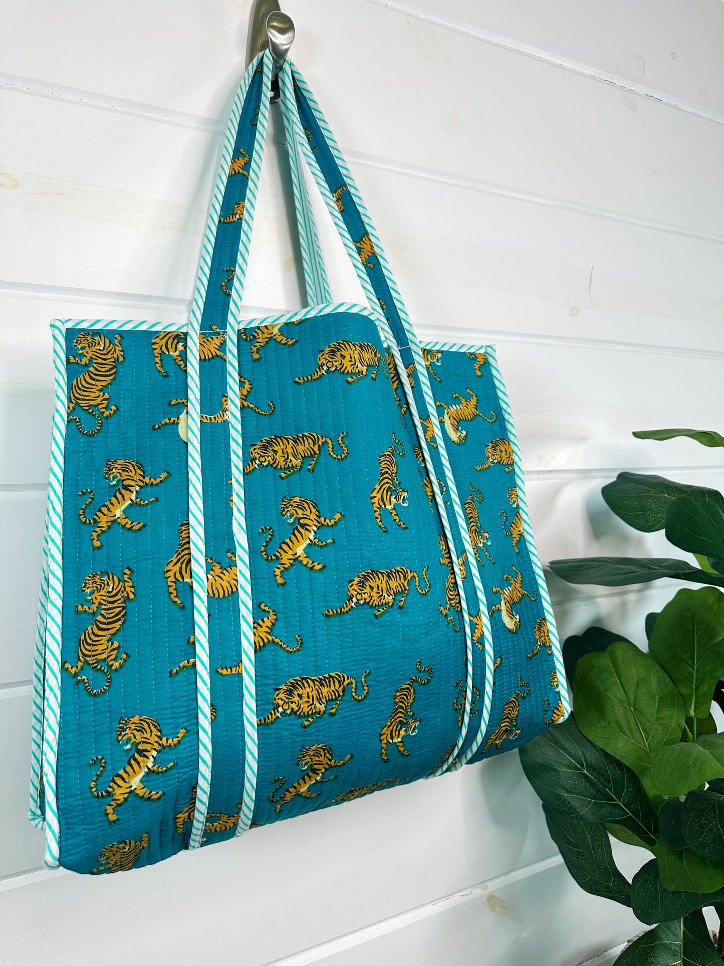 Teal Tiger Print Quilted Cotton Tote Bag