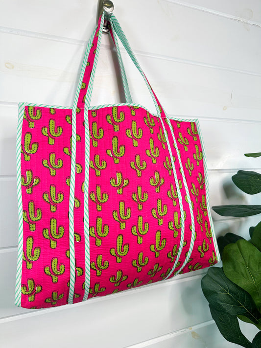 Green and Pink Cactus Print Quilted Cotton Reversible Large Tote Bag