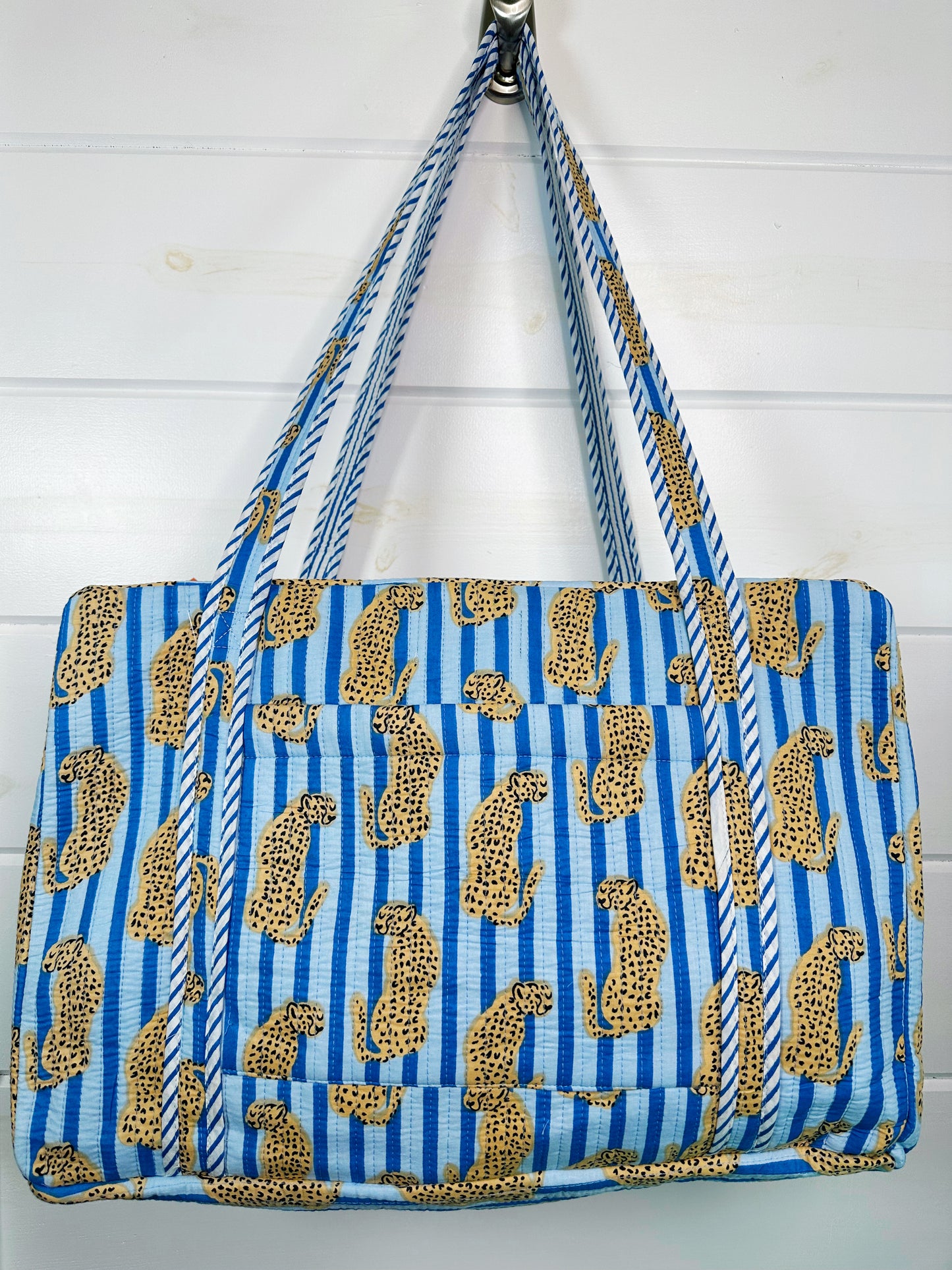 Blue Striped Jaguar Print Quilted Weekender Overnight Bag