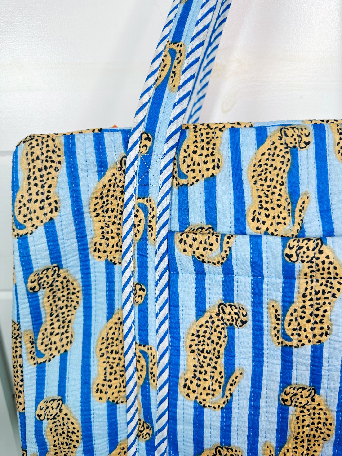 Blue Striped Jaguar Print Quilted Weekender Overnight Bag