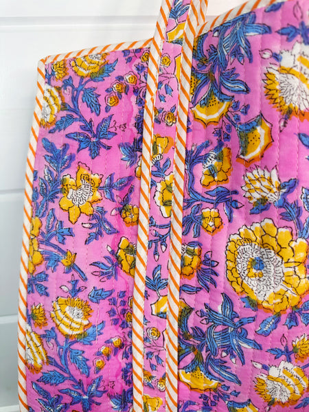 Pink Yellow Floral Print Quilted Cotton Tote Bag
