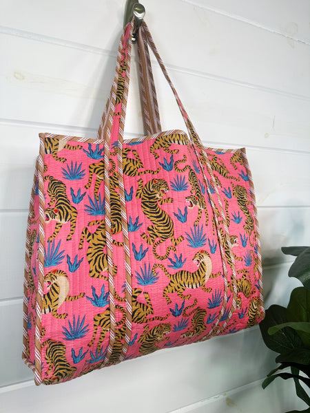 Rose Pink Tiger Print Quilted Cotton Tote Bag