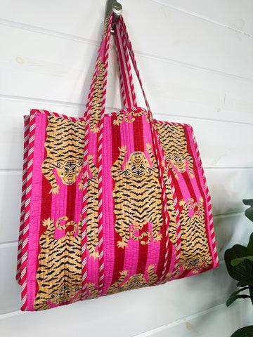 Pink Red Stripes Tiger Print Quilted Cotton Tote Bag