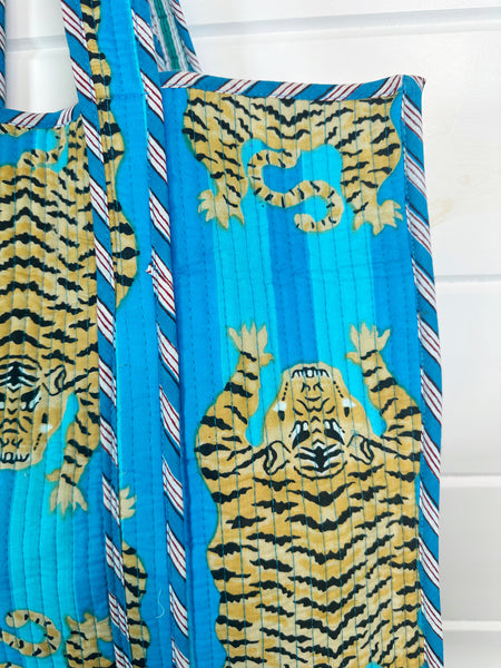 Aqua Stripes Tiger Print Quilted Cotton Tote Bag