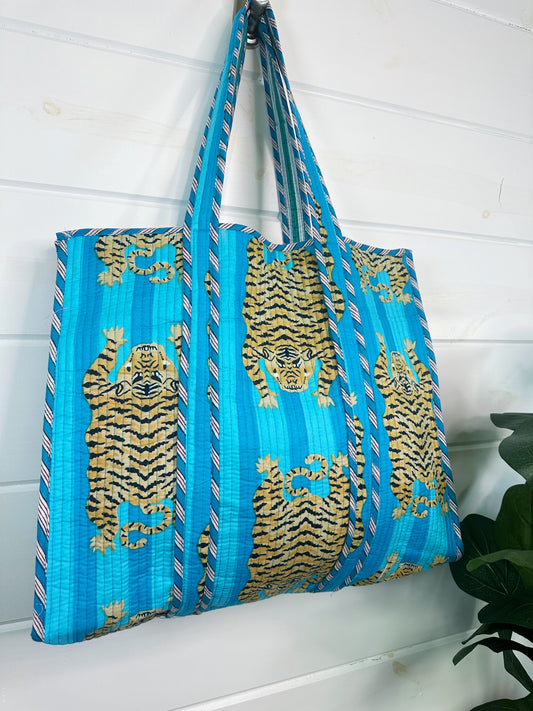 Aqua Stripes Tiger Print Quilted Cotton Reversible Large Tote Bag