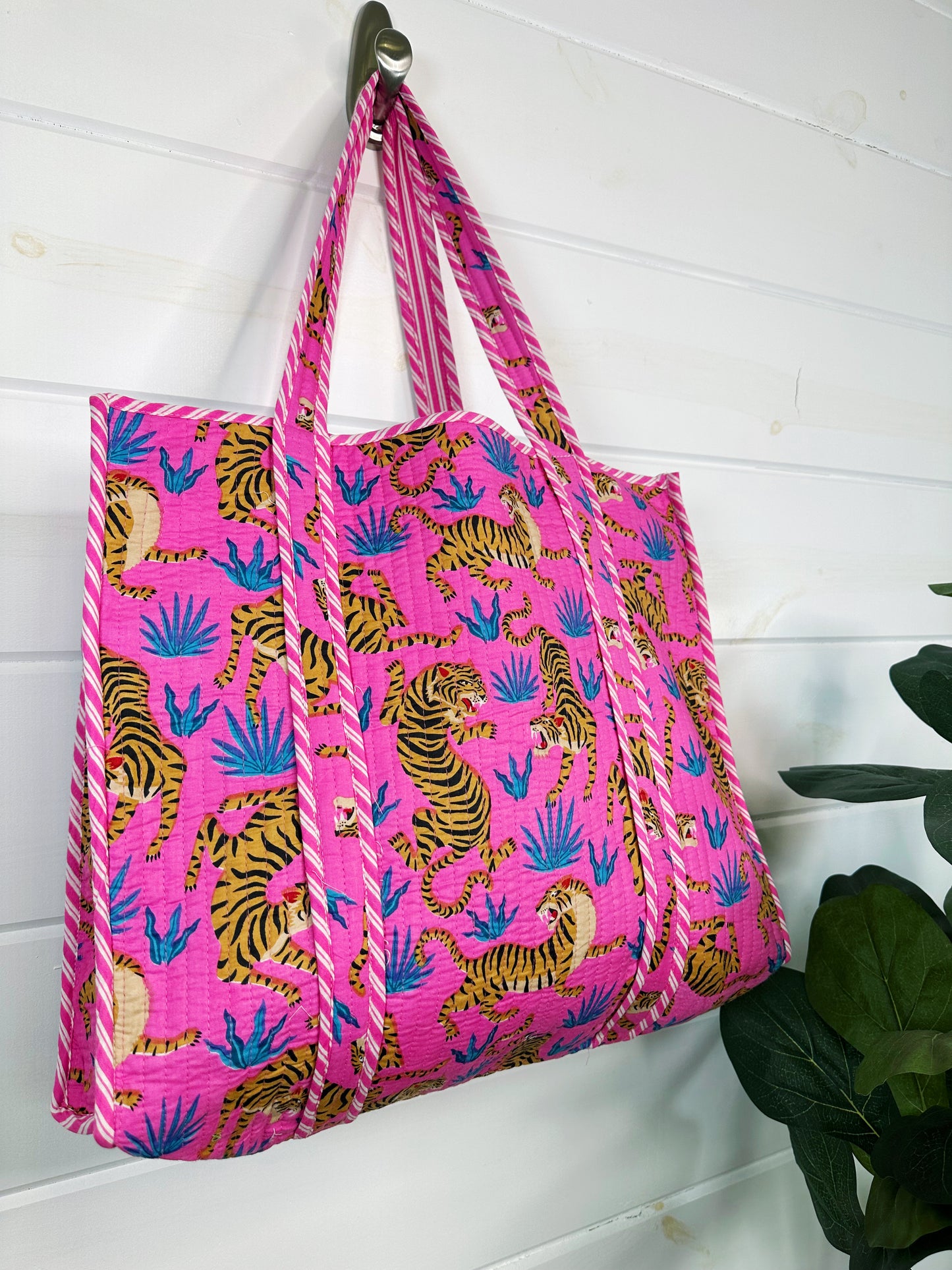 Pink and Blue Tiger Print Quilted Cotton Reversible Large Tote Bag