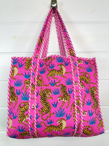 Pink and Blue Tiger Print Quilted Cotton Reversible Large Tote Bag