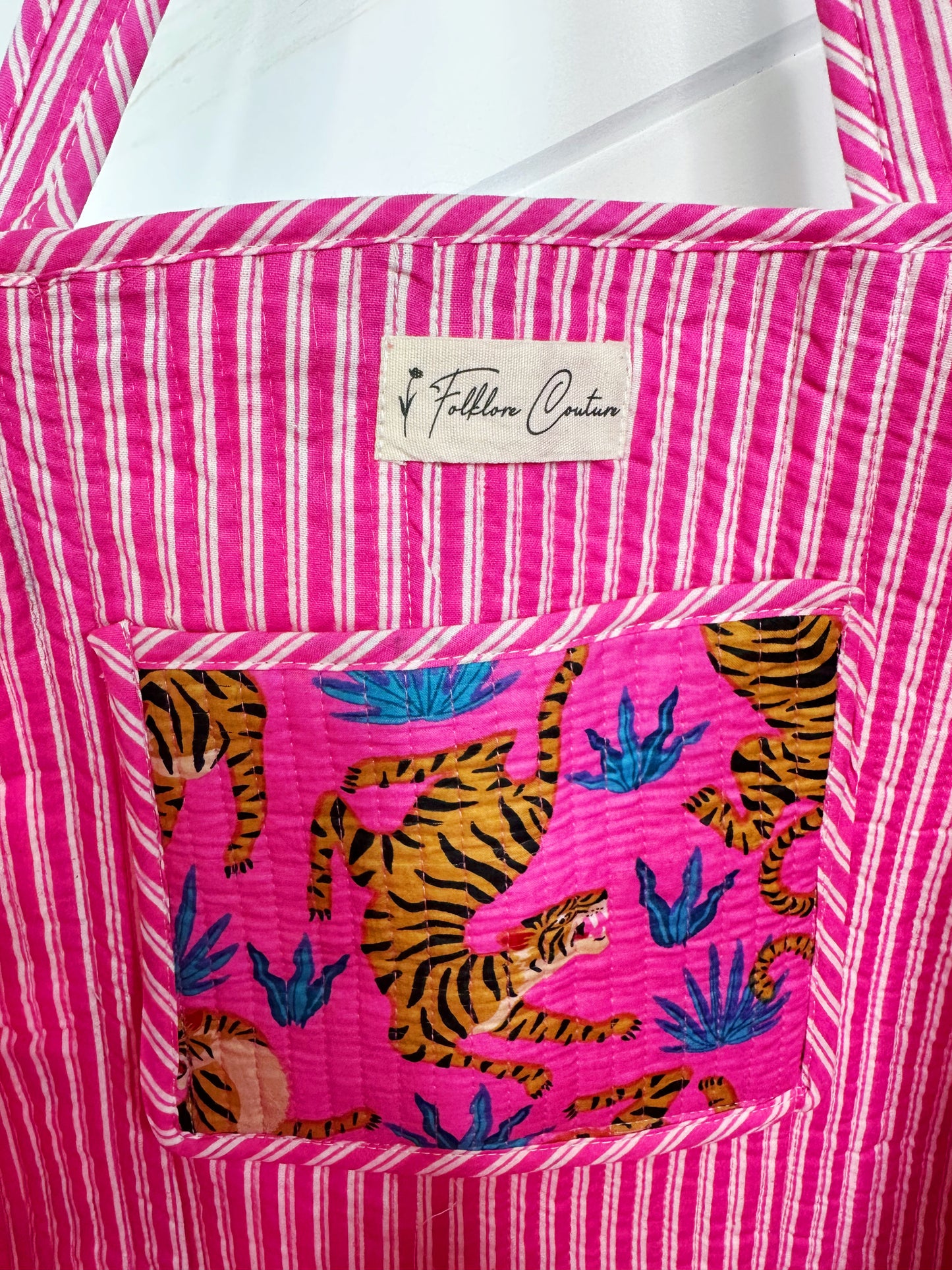 Pink and Blue Tiger Print Quilted Cotton Reversible Large Tote Bag