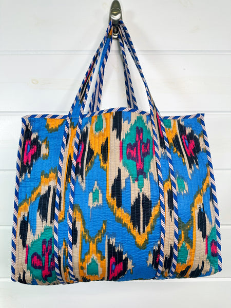 Blue Southwest Ikat Print Quilted Cotton Tote Bag