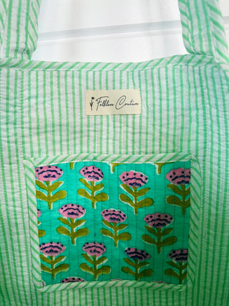 Aqua Floral Print Quilted Cotton Tote Bag