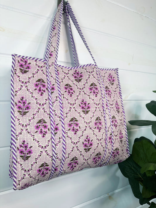 Purple Floral Print Quilted Cotton Tote Bag